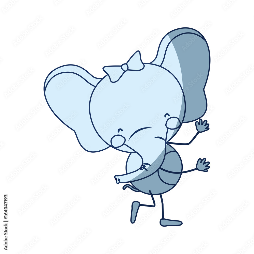 Fototapeta premium blue color shading silhouette caricature of cute expression female elephant in dance pose with bow lace vector illustration