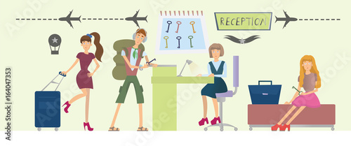 Guests of the hotel and the girl behind the counter at the reception. People in hotel or hostel lobby interior. Vector illustration.
