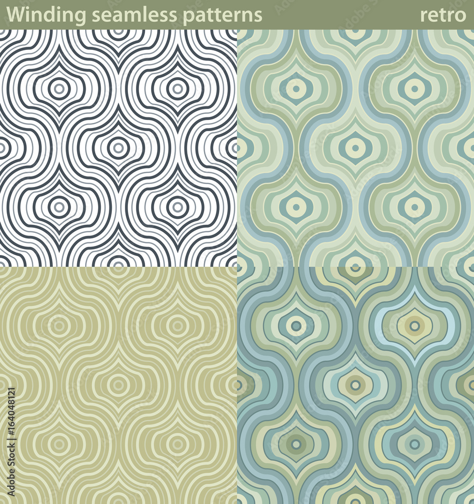 Winding seamless patterns, retro. Four different versions of a seamless pattern with wavy patterns.