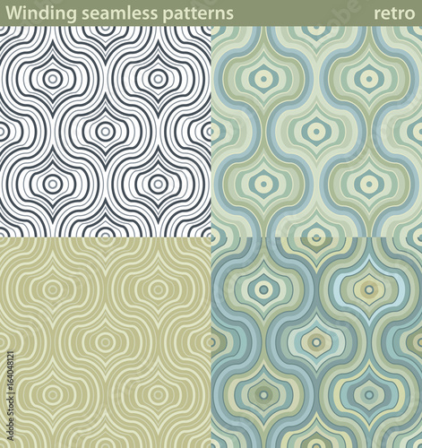 Winding seamless patterns, retro. Four different versions of a seamless pattern with wavy patterns.