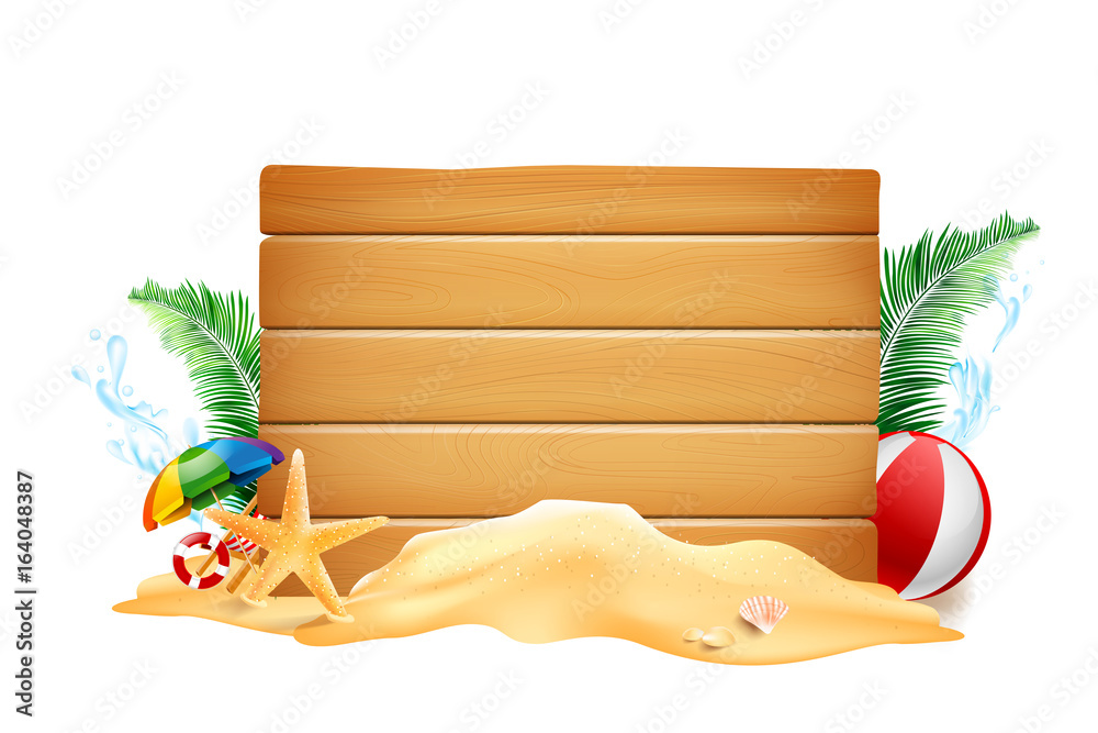 Obraz premium Blank wooden sign banner with copy space Starfish flower palm leaf sand with copyspace and summer beach element over cloud and blue sky background vector illustration eps10 001