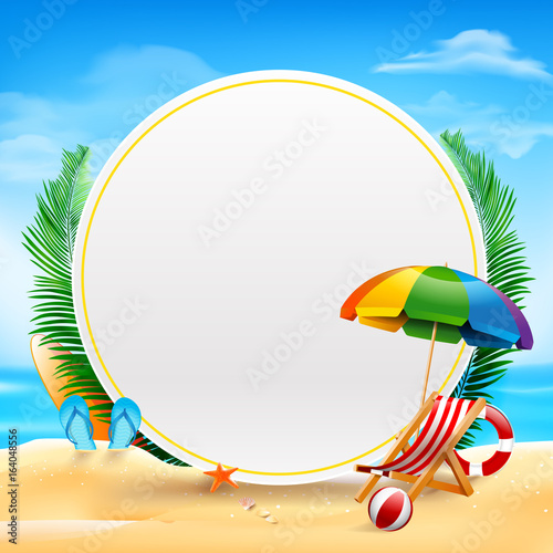 The chair ball starfish and life ring with blank circle and copy spcae on the beach over blur blue sky background  for summer vacation concept vector illustration