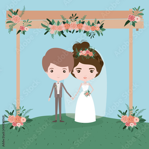 sky landscape scene background in grass with couple of just married under decorative frame in wooden poles with floral ornaments vector illustration