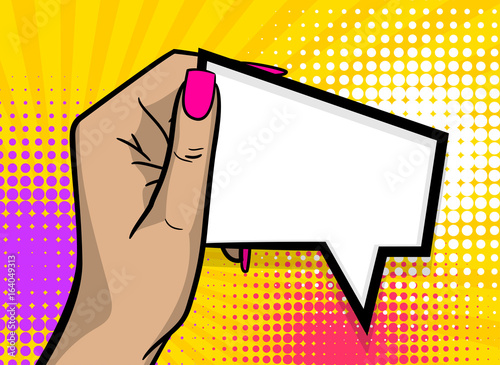 Pop art comic text cartoon girl woman hand show empty speech bubble, message balloon. Human guy wow poster halftone dot background. Gesture advertisement arm illustration.