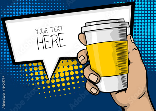 Pop art advertise poster. Man, guy hand hold paper hot tea coffee mug. Strong wow finger, mock up. Comic text cartoon speech sale bubble, balloon cloud box. Vector halftone illustration.