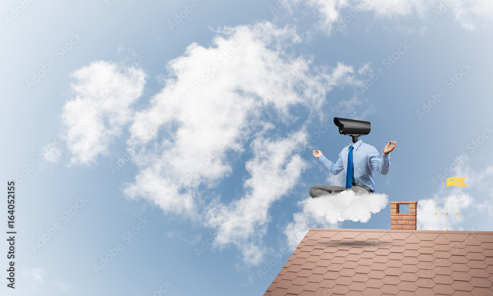 Concept of security and privacy protection with camera headed man meditating
