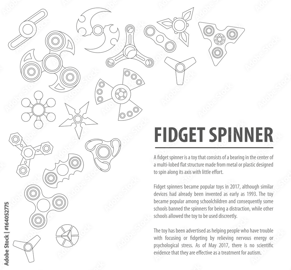 Hand spinner. Fidget toy for increased focus, stress relief. Infographic design with icons Hand spinner. Fidget toy for increased focus, stress relief. Infographic design with icons