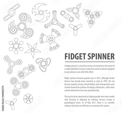 Hand spinner. Fidget toy for increased focus, stress relief. Infographic design with icons