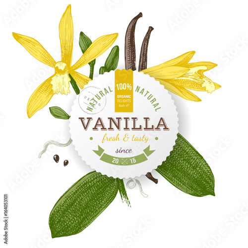 Label with type design and vanilla plant