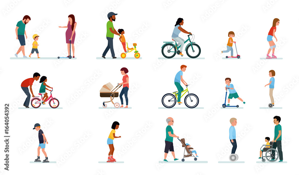 People generation. People of all ages in the Park. Set of illustrations of people walking in the Park, on bike, on scooter, on gyrometer, segway. Happy family. Vector illustration flat cartoon style