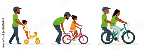 Fototapeta Naklejka Na Ścianę i Meble -  Father and daughter. Father helping daughter to ride a bike. The daughter takes the father on a bike. People generation. African American people. Happy family. Vector illustration flat cartoon style