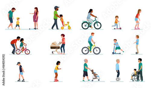 People generation. People of all ages in the Park. Set of illustrations of people walking in the Park  on bike  on scooter  on gyrometer  segway. Happy family. Vector illustration flat cartoon style