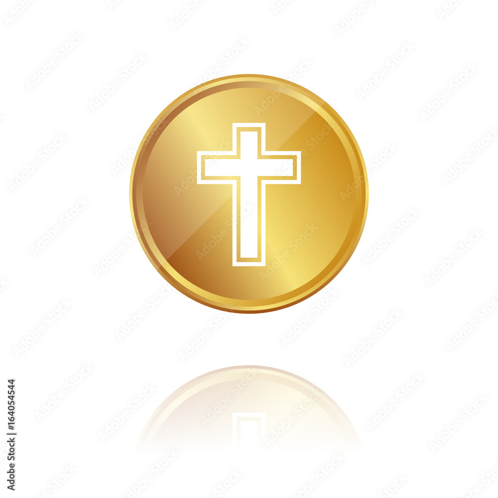 Fototapeta premium Kreuz - Gold Münze mit Reflektion