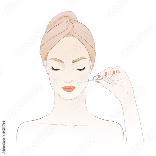 Beautiful girl during beauty ritual, removing makeup. Vector hand drawn illustration.