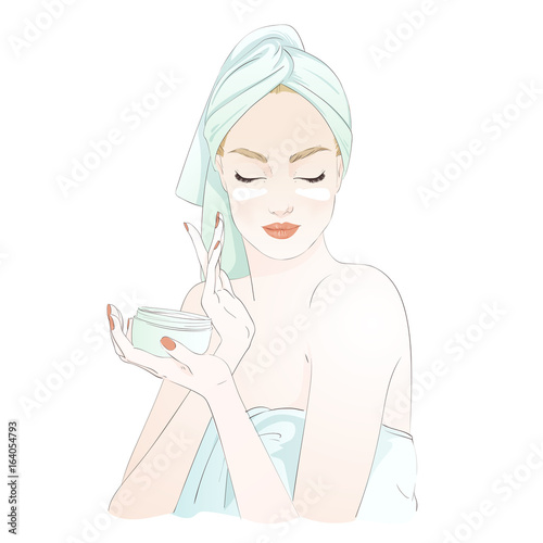 Beautiful girl during beauty ritual, apply cream. Vector hand drawn illustration.