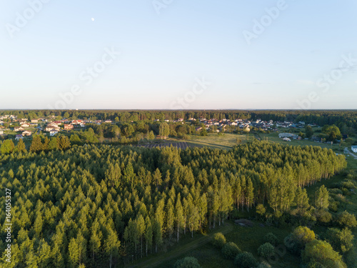 evening dusk sunset Aerial view of countryside, drone top view
