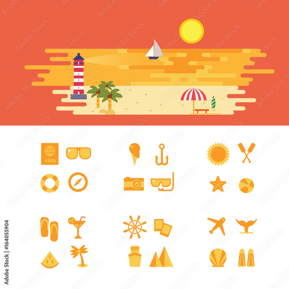 Vector illustration of summer sunset landscape in flat style and Set of travel symbols and icons.