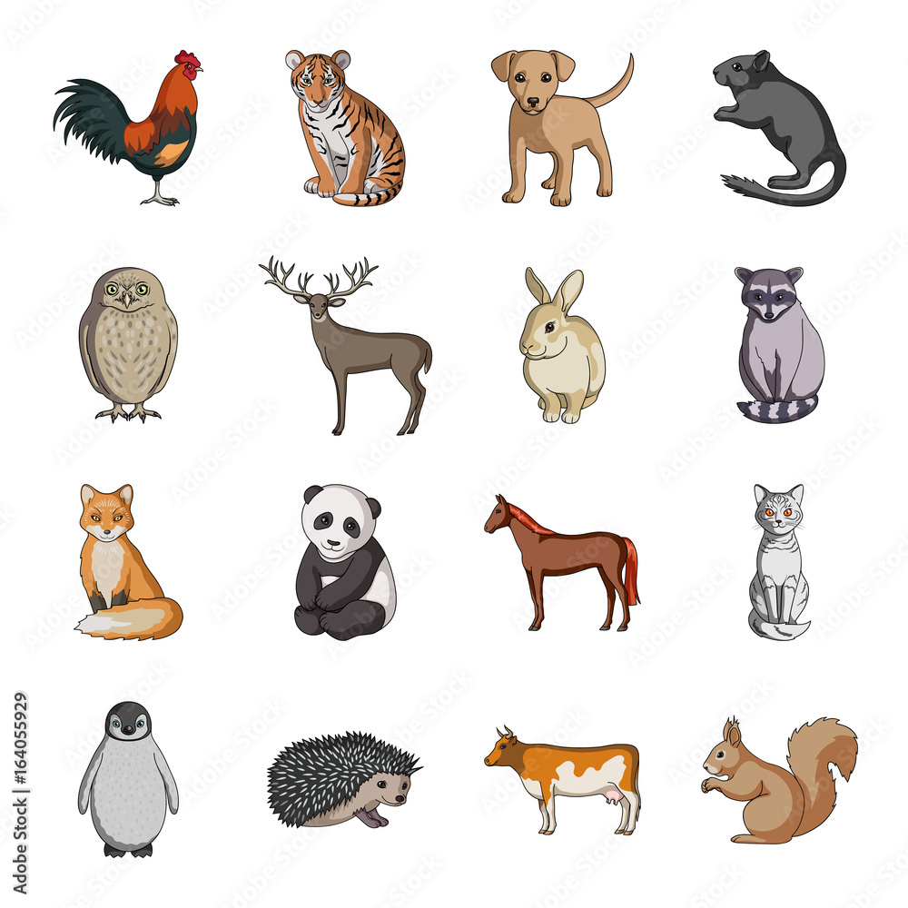 Deer, tiger, cow, cat, rooster, owl and other animal  set  collection icons in cartoon style vector symbol stock illustration web.  Stock Vector | Adobe Stock