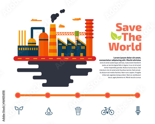 Industrial landscape. Plant or factory. Ecology. Pollution. Vector flat illustration