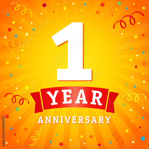 1 year anniversary logo celebration card. 1st year anniversary vector background with red ribbon and confetti on yellow flash radial lines