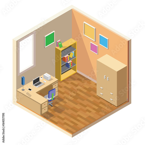 Vector isometric low poly room cutaway icon. Room includes furniture - working table with laptop