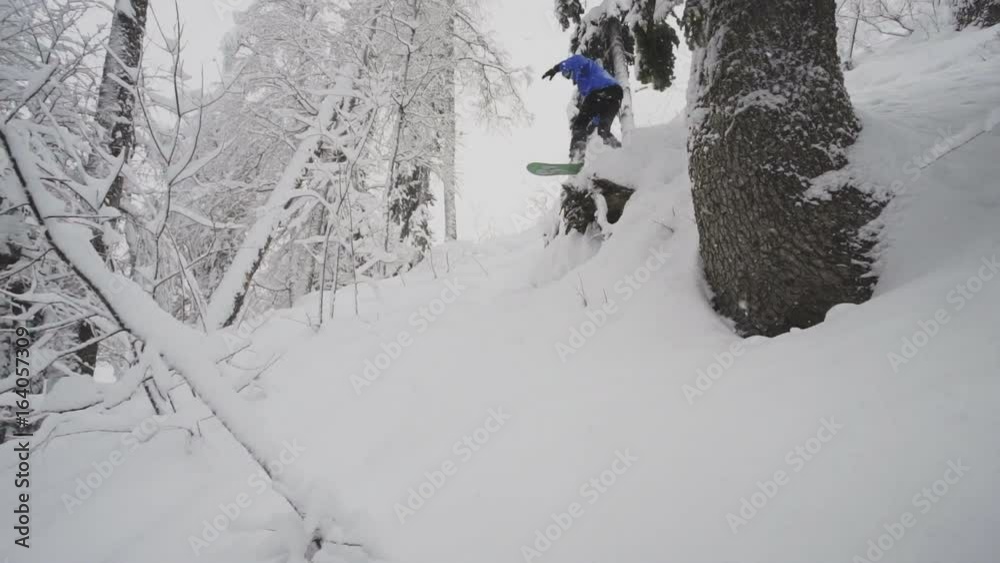 snowboarder Freerider jump in the forest