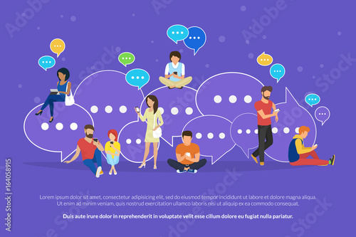 Speech bubbles for online texting and messaging concept flat vector illustration of young people using mobile smartphone and tablet for chatting and communicating. Guys and women sitting on bubbles