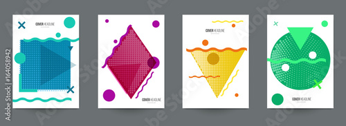 Modern trendy background cover posters, banners, flyers, placards. Set of abstract minimal template design for branding, advertising in retro geometric memphis style. Vector illustration. EPS 10.
