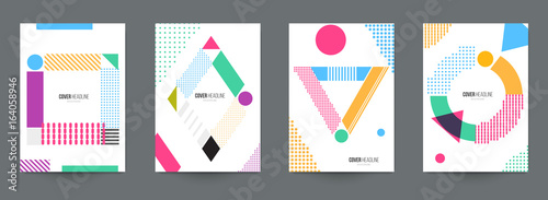 Modern trendy background cover posters, banners, flyers, placards. Set of abstract minimal template design for branding, advertising in retro geometric memphis style. Vector illustration. EPS 10.