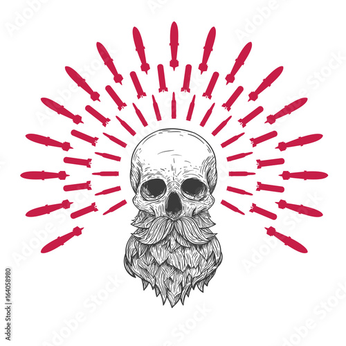 Human skull with beard and mustache in retro vintage style. Design template for tattoo, print, cover. Vector illustration.