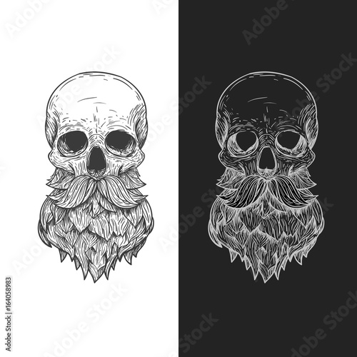 Human skull with beard and mustache in retro vintage style. Design template for tattoo, print, cover. Vector illustration.