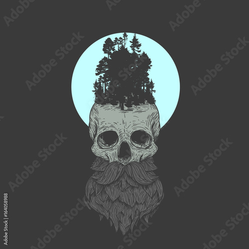 Human skull with beard and mustache in retro vintage style. Design template for tattoo, print, cover. Vector illustration.