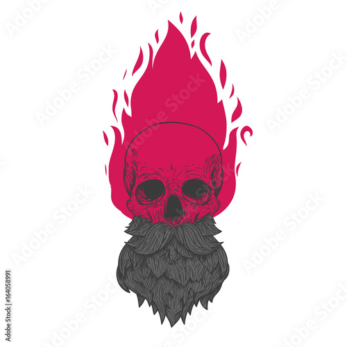 Human skull with beard and mustache in retro vintage style. Design template for tattoo, print, cover. Vector illustration.