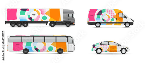 Design branding vehicles for advertising and corporate identity. Mock up for transport. Passenger car, bus and van. Graphics elements with modern geometric style.