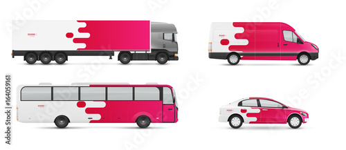 Design branding vehicles for advertising and corporate identity. Mock up for transport. Passenger car, bus and van. Graphics elements with modern geometric style.