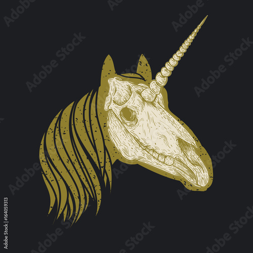 Golden unicorn skull in retro vintage style. Design template for tattoo, print, cover. Vector illustration.