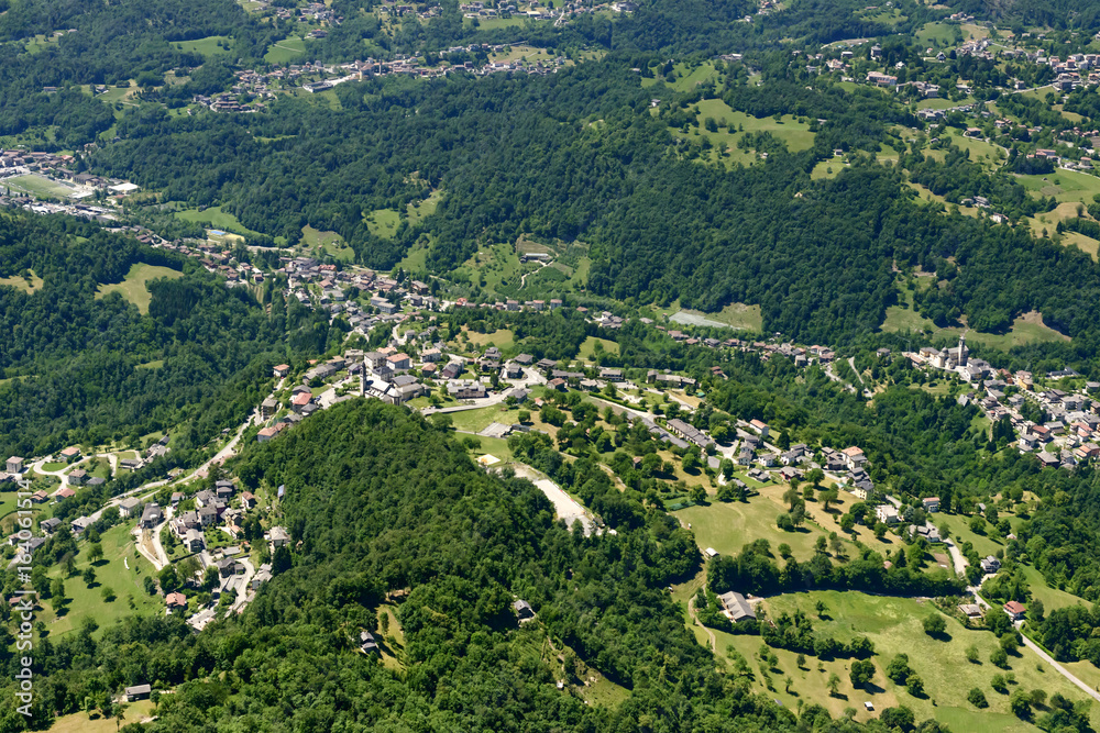 Corna Imagna village and Imagna valley aerial, Italy