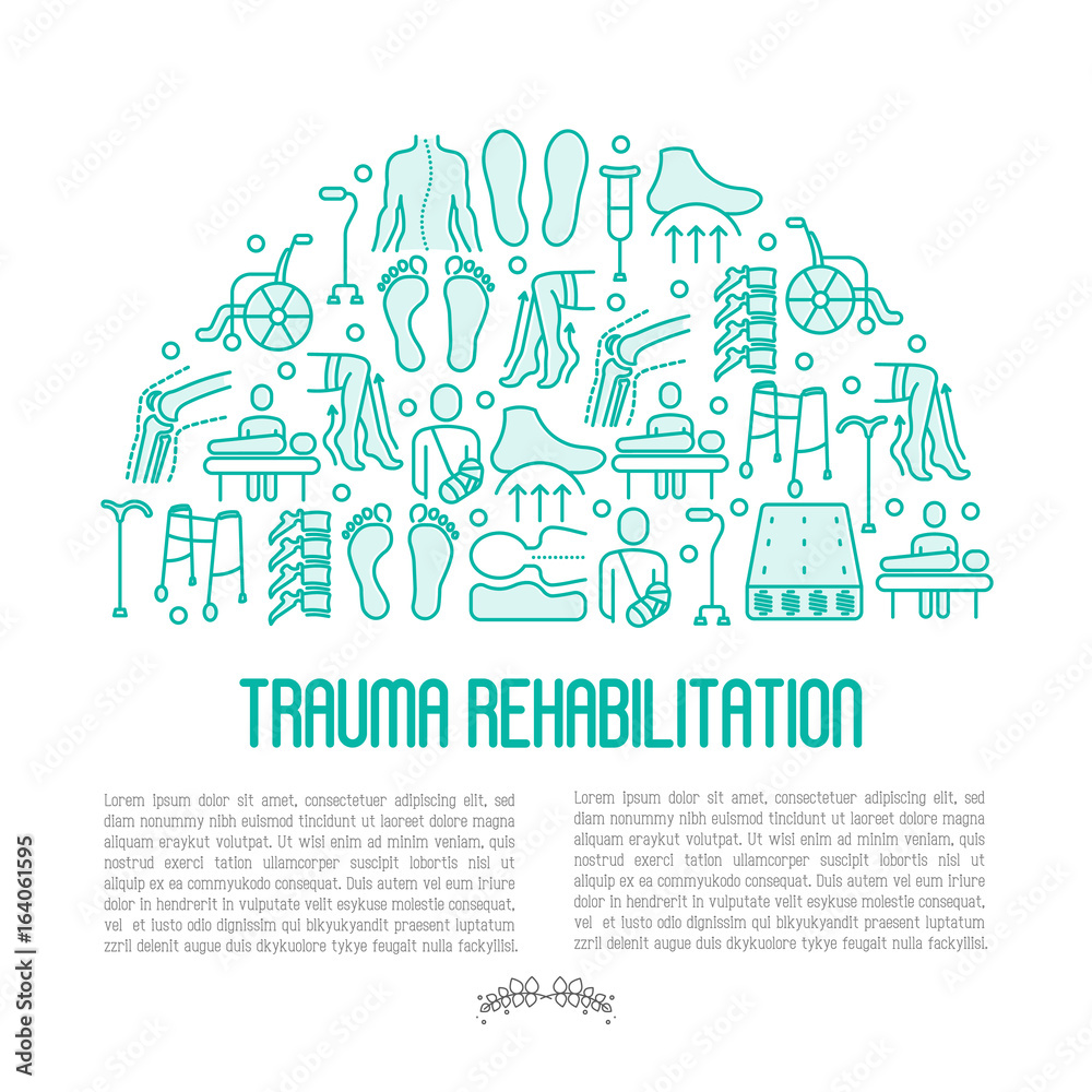 Orthopedic and trauma rehabilitation concept with thin line icons for web page or banner of clinics and medical centers. Vector illustration.
