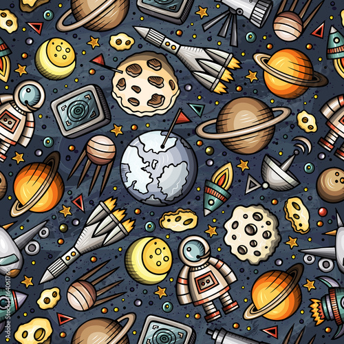 Cartoon hand-drawn space, planets seamless pattern