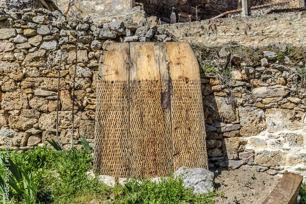 ancient threshing board in the town of Orbaneja of the Castle in the province of Burgos in Castile and Leon, ancient threshing board in the town of Orbaneja of the Castle in the province of Burgos in Castile and Leon,