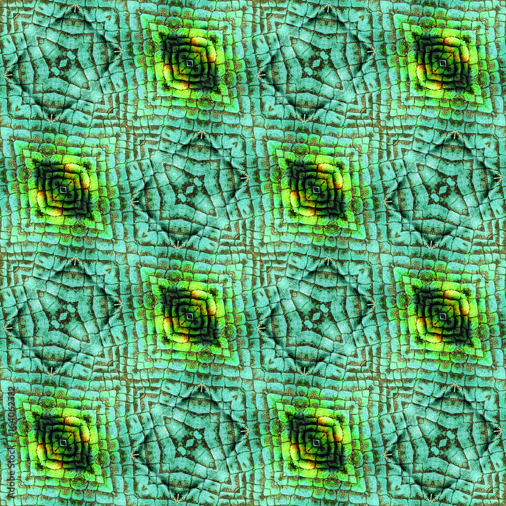 Abstract seamless wrinkled pattern of scales resembling snake skin. Green, black, orange and yellow background with reptile texture