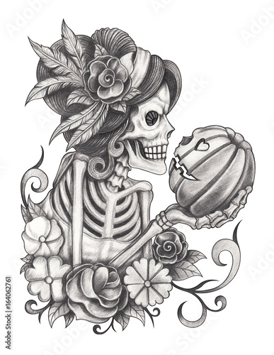 sugar skull female skeleton day of the dead design by hand pencil drawing on paper.