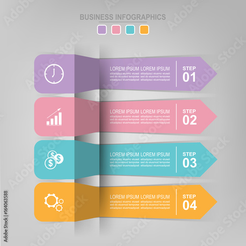 Infographic template of four steps on squares, tag banner, work sheet, flat design of business icon, vector