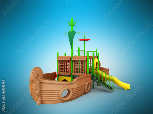 Playground for children ship brown yellow green 3d render on blue background