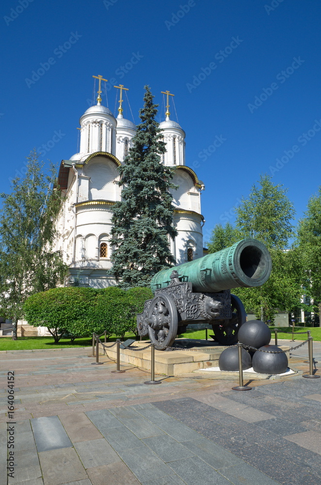 Tsar cannon and the Cathedral of the Twelve Apostles in the Moscow Kremlin, Russia