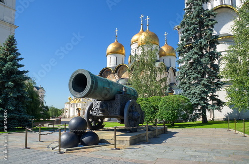 Tsar cannon and Dormition Cathedral in the Moscow Kremlin, Russia