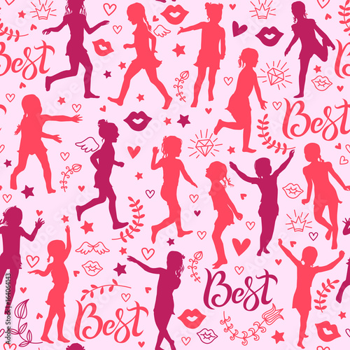Seamless pattern pink silhouettes girl
