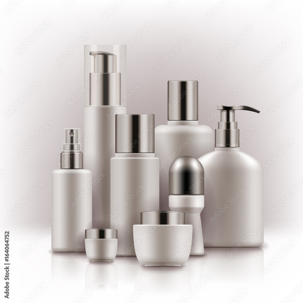 Blank templates of empty white and silver package for cosmetic products tube and jar for cream, bottle for shampoo, soap with pump, foam, deodorant, hair spray. Realistic mockup of plastic containers Blank templates of empty white and silver package for cosmetic products tube and jar for cream, bottle for shampoo, soap with pump, foam, deodorant, hair spray. Realistic mockup of plastic containers