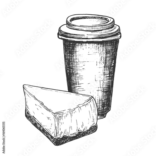 Sketch ink graphic cup of coffee with cheesecake illustration, draft silhouette drawing, black on white background. Delicious vintage etching food design.