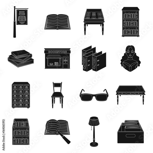 Library and bookstore set icons in black style. Big collection of library and bookstore vector symbol stock illustration